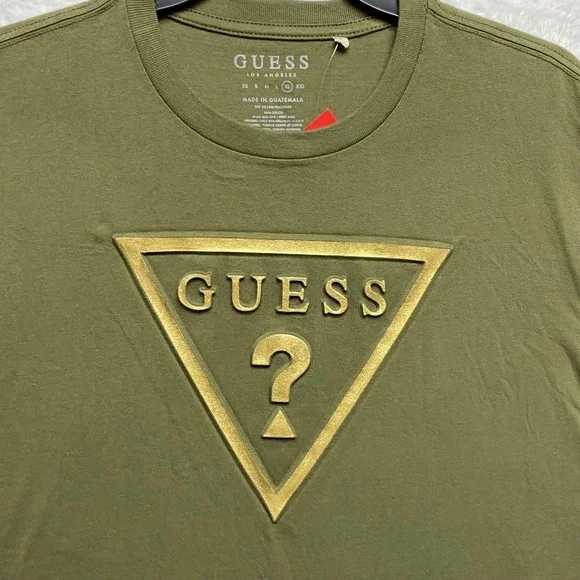 Guess Mens Olive Green Gold 3D Triangle Logo T-Shirt XL NWT - Picture 4 of 6